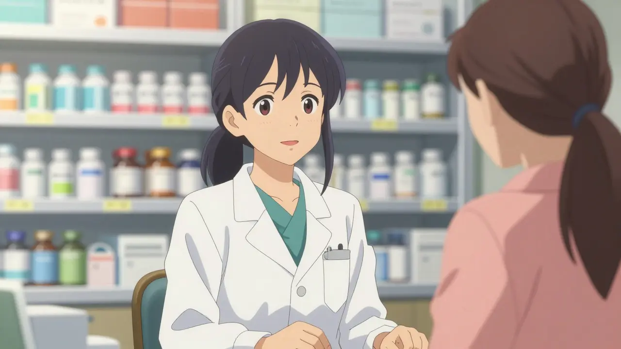 明るいクリニックで、医療従事者が母親に優しく相談に乗るシーン。