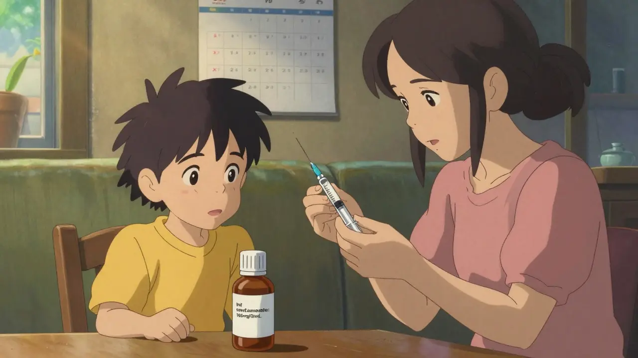 母親が注射器で子どもの薬を正確に測っている。