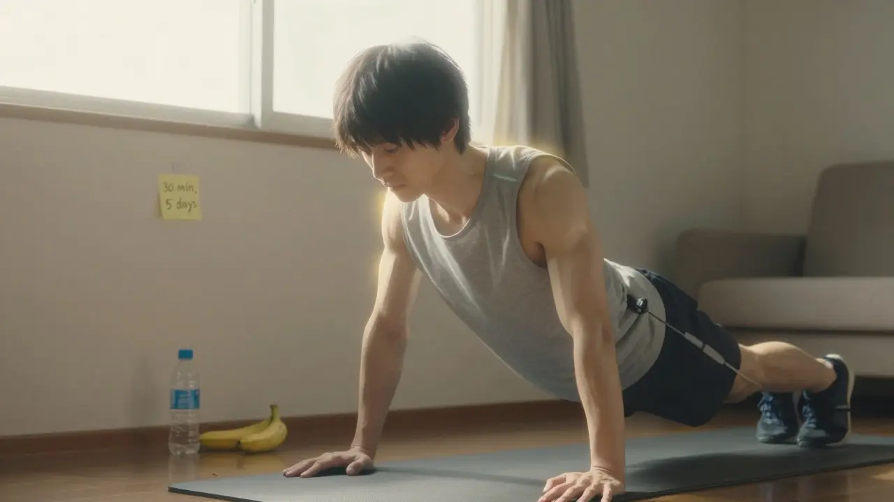 男性が自宅で軽い筋トレをしており、光が体を包んでいる。バナナと水ボトルが床にある。