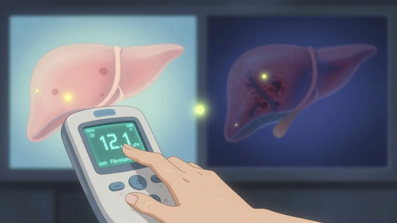 女性がフィブロスキャンの数値を確認し、肝臓の回復と損傷の両方の光が空中に浮かぶ。