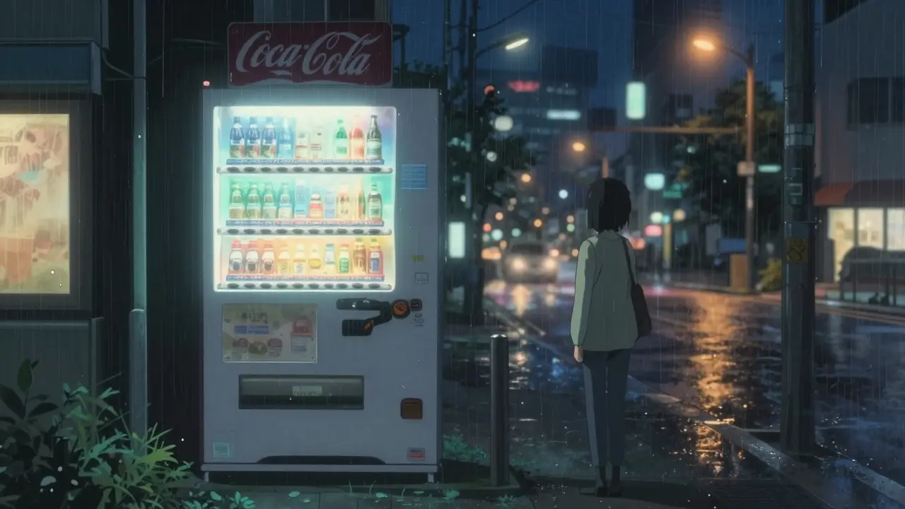 パンデミック中の夜、一貫したロゴの自動販売機が孤独に光り、他のブランドの広告はぼやけて消えている。