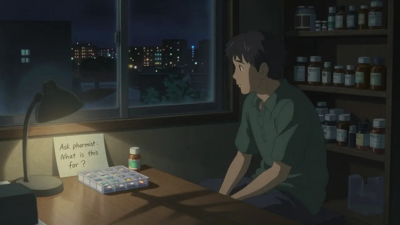 期限切れの薬瓶と清潔な薬箱が並ぶ部屋の夜景。