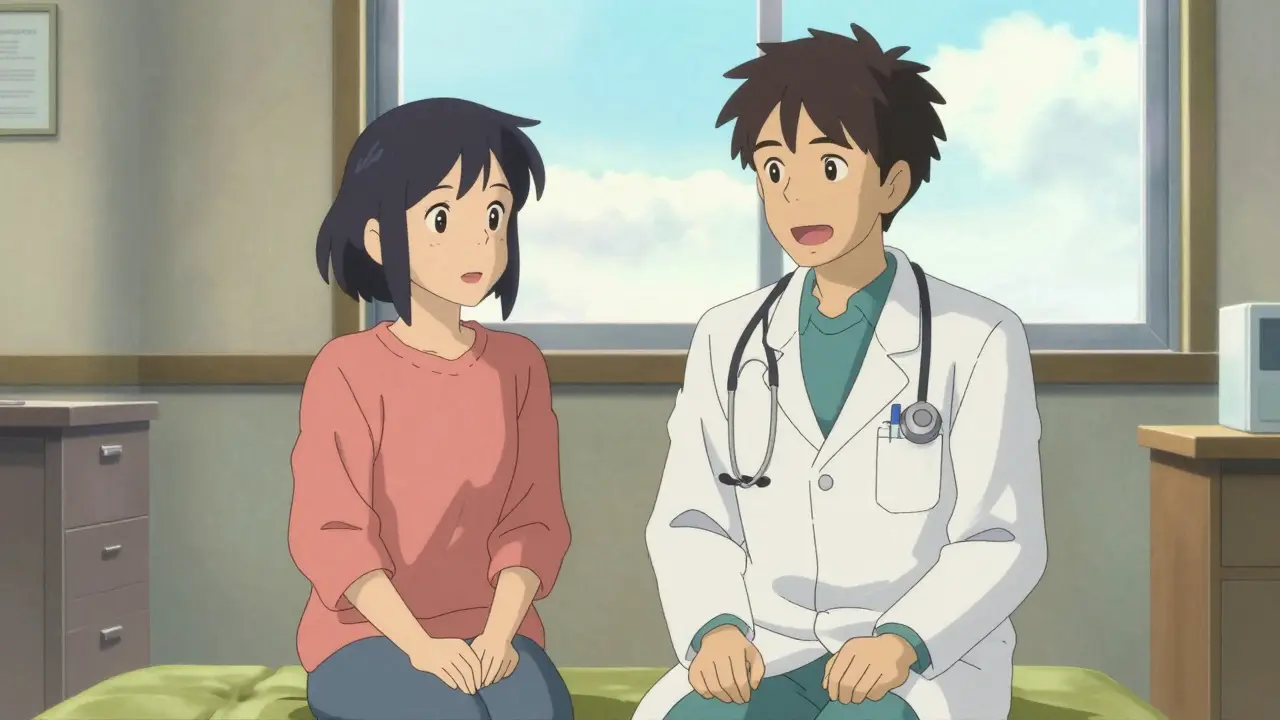 晴れた日差しの中、医師と患者が笑顔で相談する温かい診療所の内部
