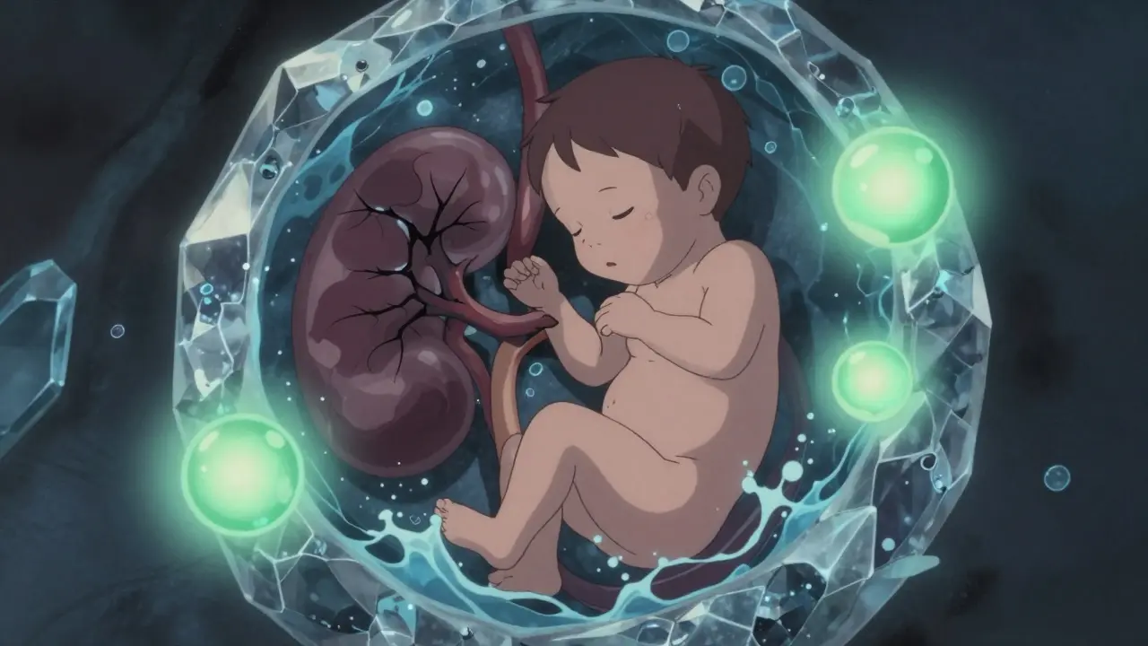胎児の腎臓が損傷を受け、安全な薬が優しく守るイメージ。