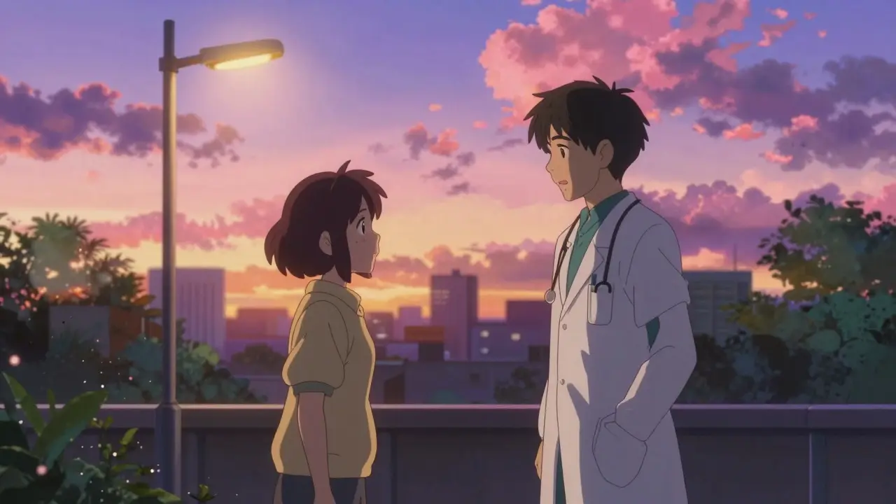 夕暮れ時に医者と会話する患者の安らかな姿を描いた風景画