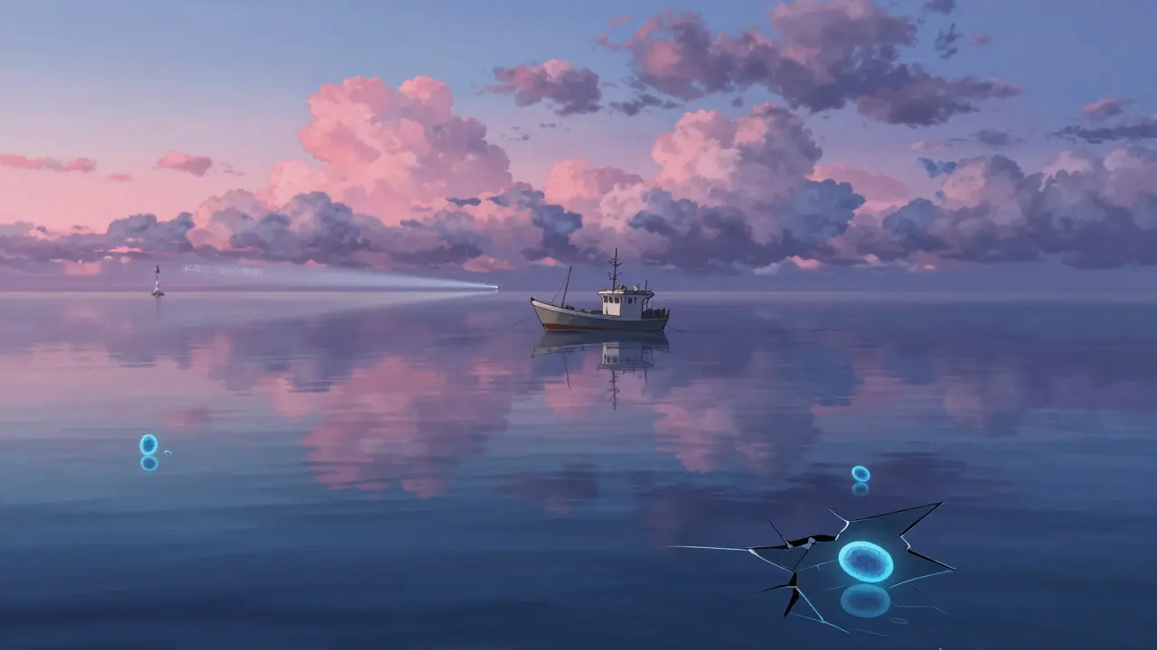 夕暮れの海に浮かぶ船の下に肝臓細胞の反射が見え、検査の重要性を示す灯台の光が届く。
