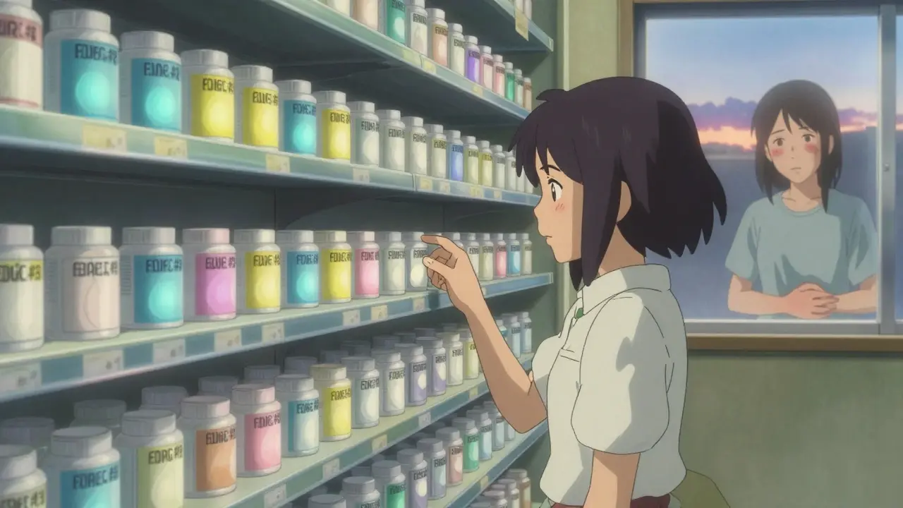 夕暮れの薬局で、異なる賦形剤が色のオーラを放つジェネリック薬の棚。