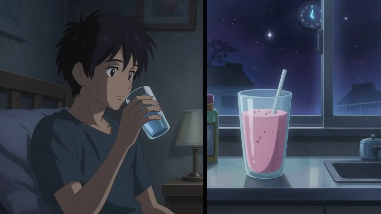 夜にレボチロキシンを服用する男性と、4時間後に飲むためのプロテインシェイクが並ぶ静かな部屋の情景。