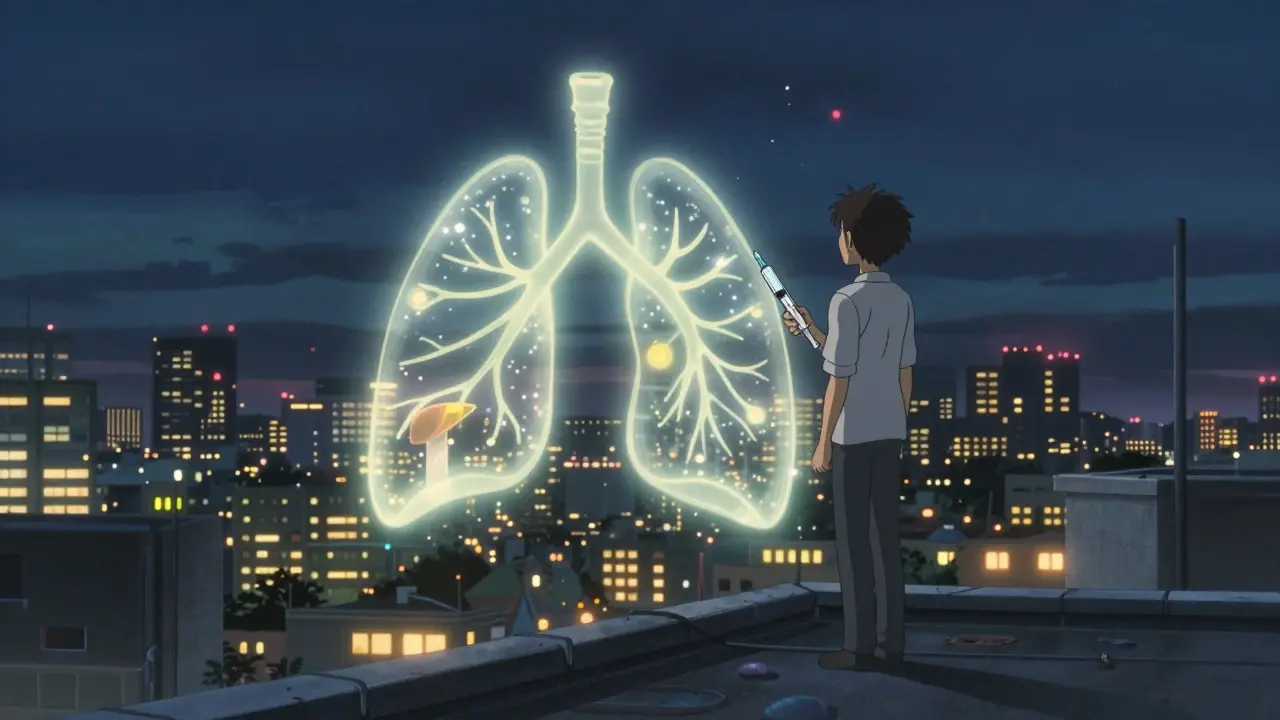 夜の屋上でAAT療法の注射を握りしめ、空に浮かぶ遺伝子治療の光の粒子が輝く男性の姿。