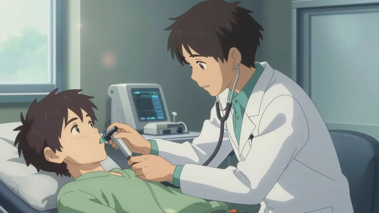 医師が患者の呼吸音を確認する聴診検査の医療シーン