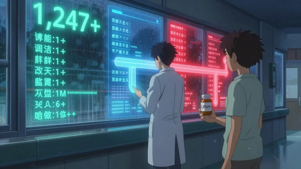 医師が1247種以上の薬物相互作用の警告に見入る病院の夕暮れの廊下。