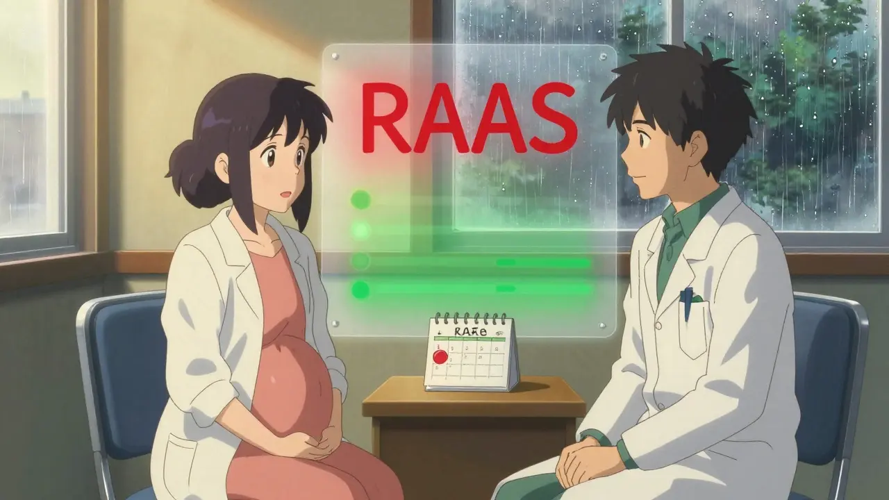 医師と妊婦が安全な薬への切り替えを話し合う穏やかな場面。