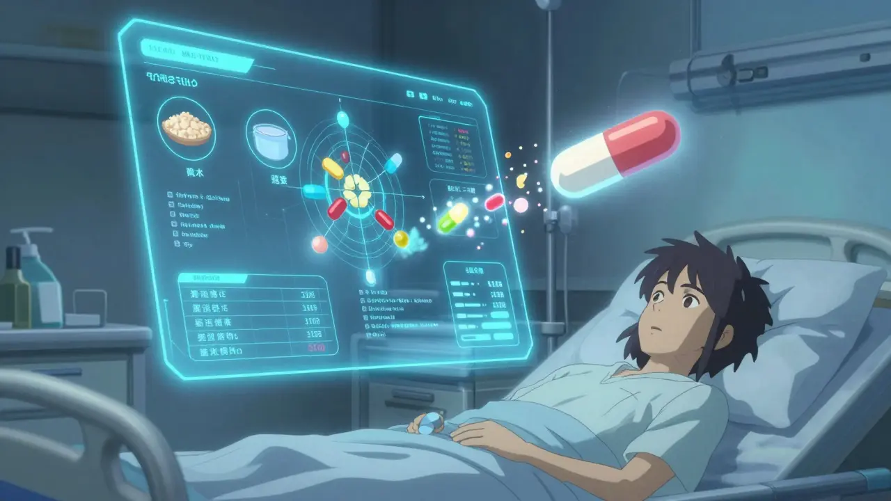 遺伝子データに基づいてカスタマイズされた薬が空中で形成される未来の医療シーン。