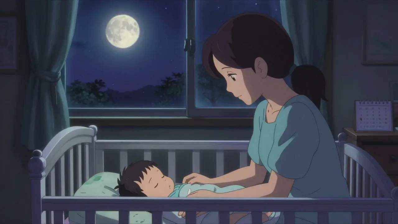 月明かりの中で、寝ている赤ちゃんを見守る母親の穏やかな夜。