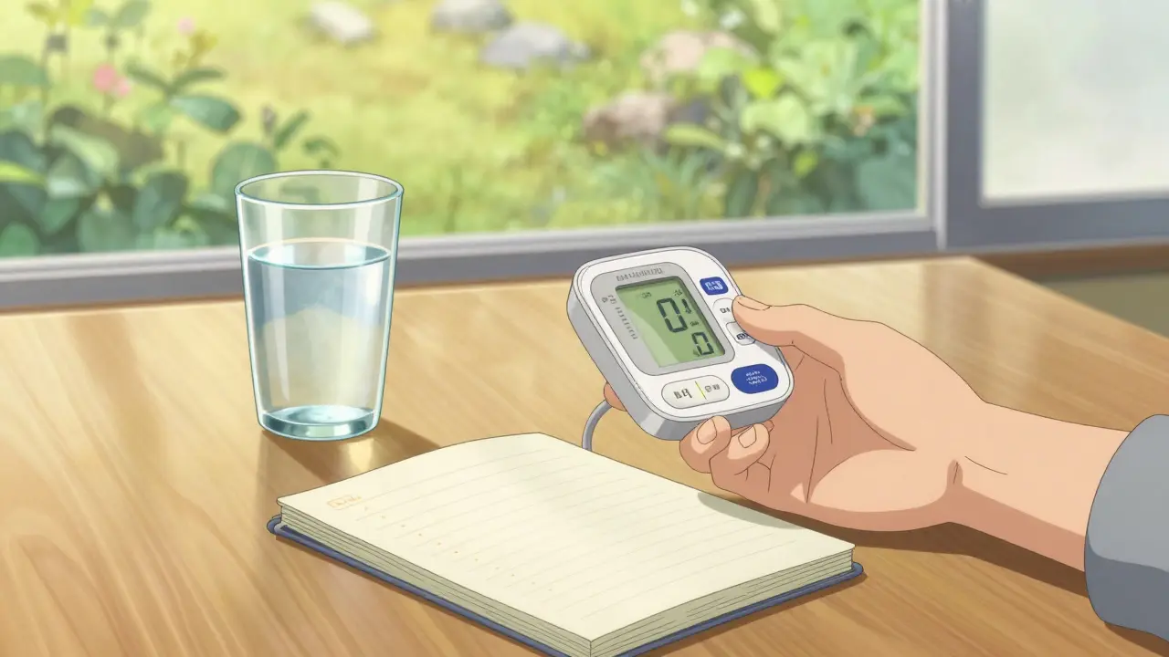 窓辺のテーブルに置かれた薬の管理用品と血圧手帳