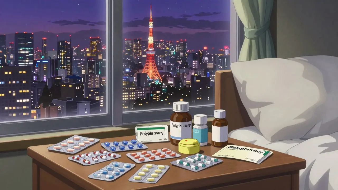 多くの薬が置かれたテーブルと夜の街並みの風景