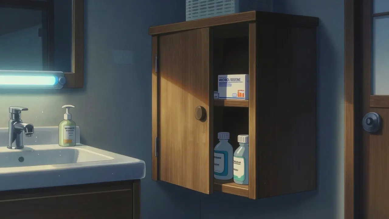 光を遮る戸棚の中と、光が当たる洗面台の対比的な保管場所