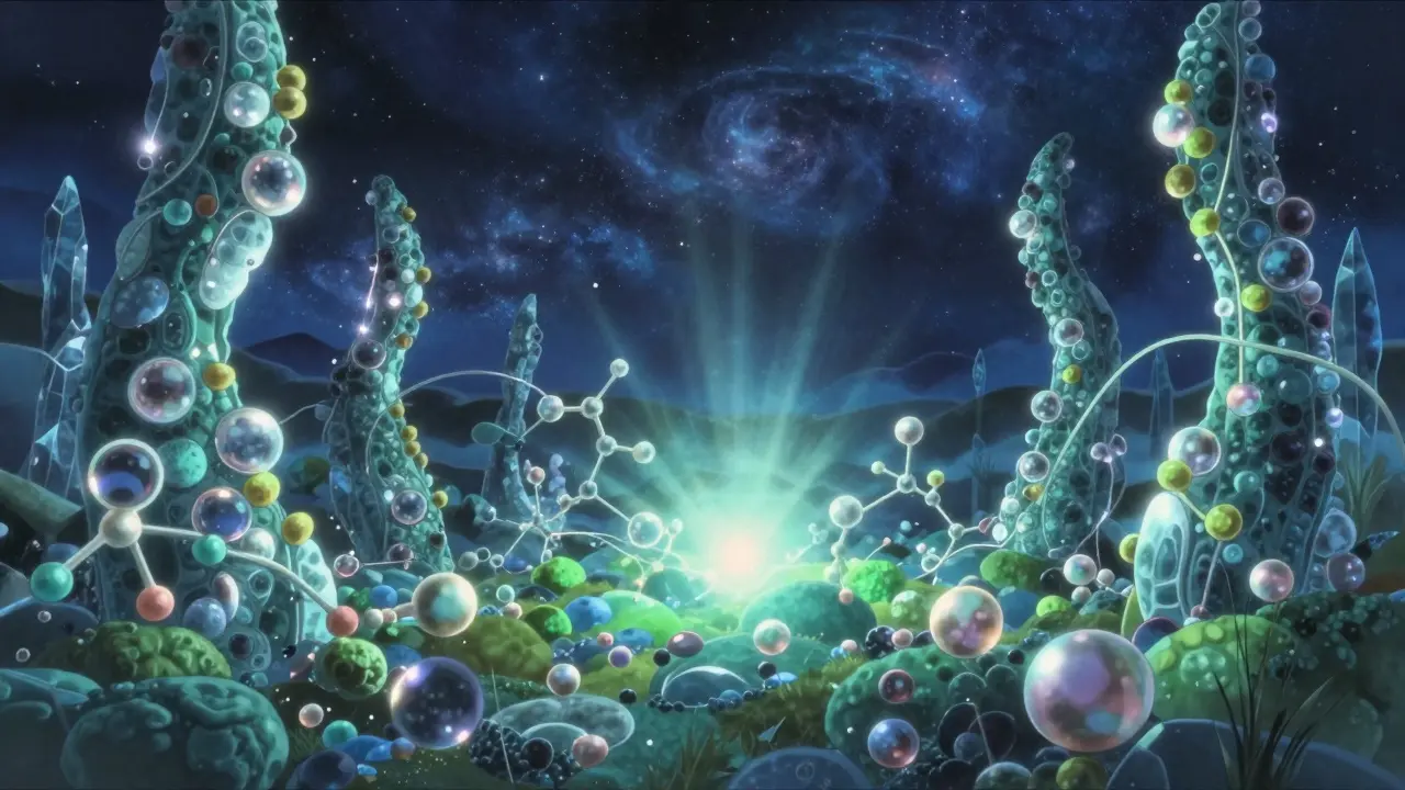 幻想的な光に包まれたバイオ医薬品の複雑な分子構造の風景