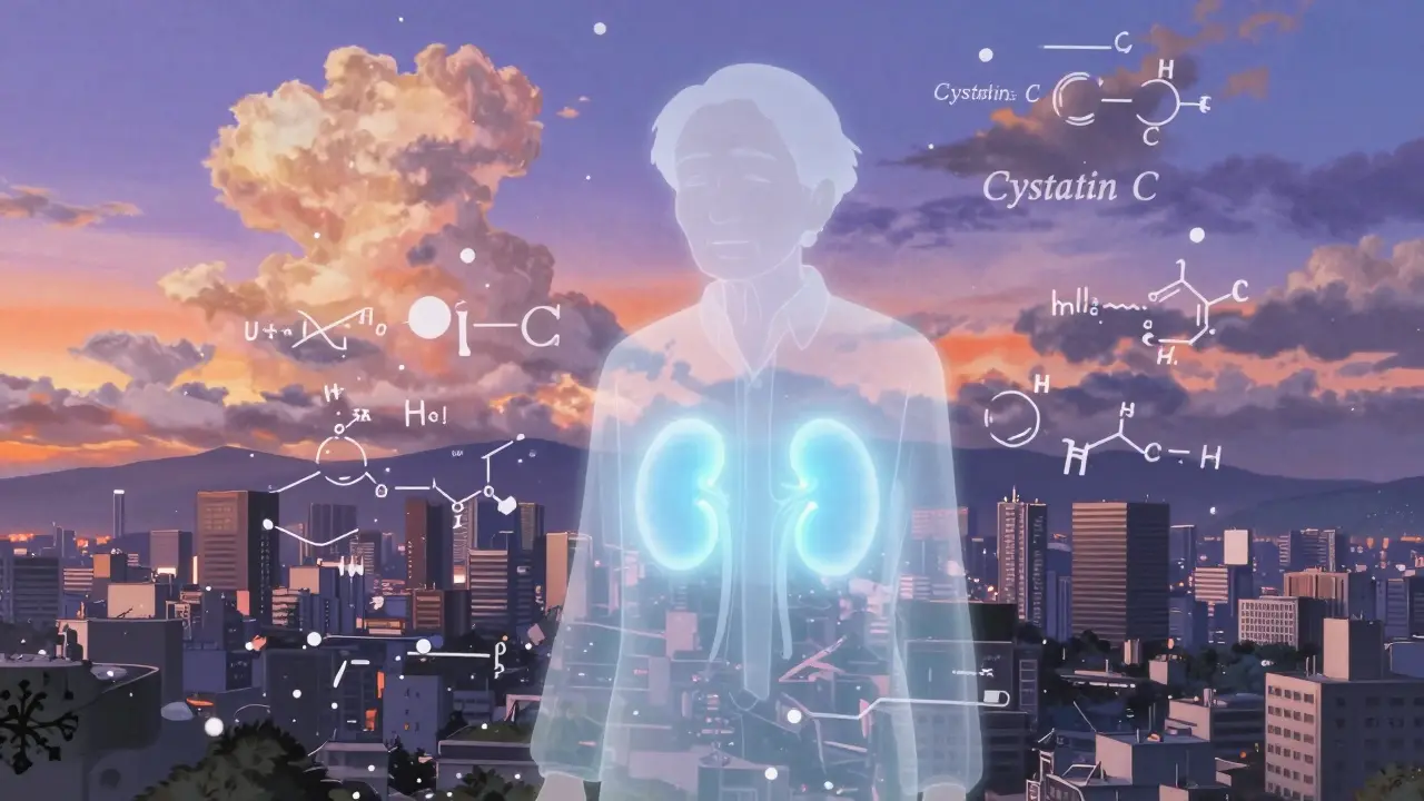黄昏時の空を背景に腎機能の概念図と数式が舞うイメージ