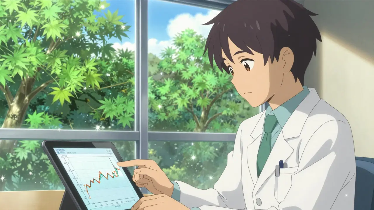 クリニックでタブレットを見ながら相談する医師と薬剤師