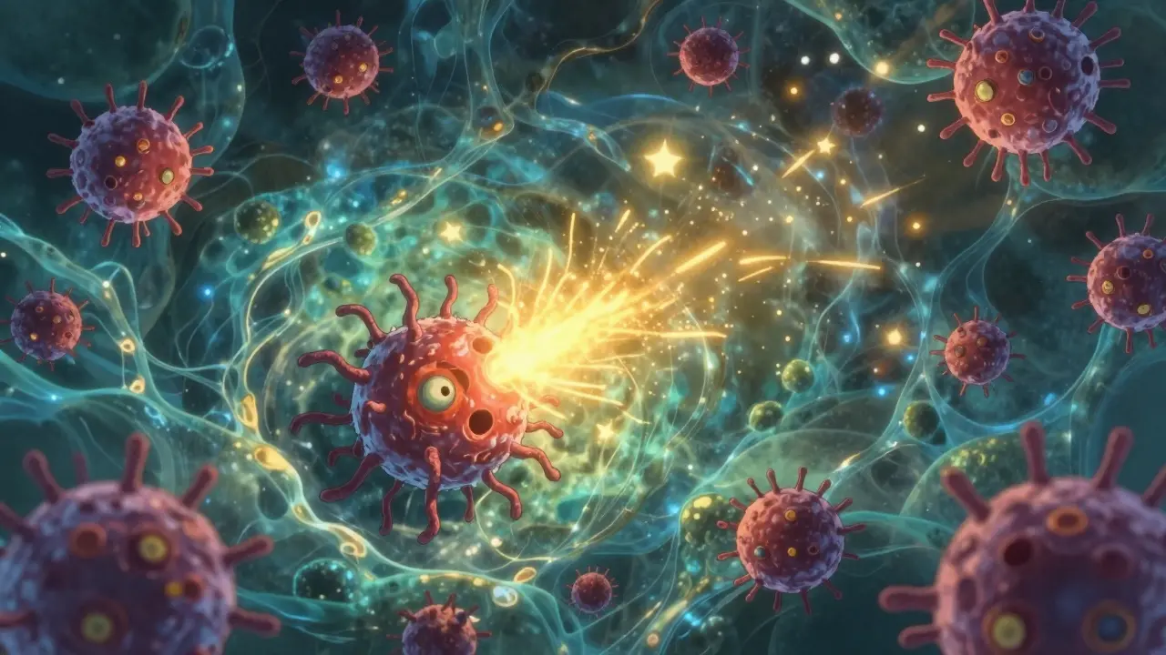 免疫細胞に信号を送る、光り輝くがん細胞の幻想的な様子