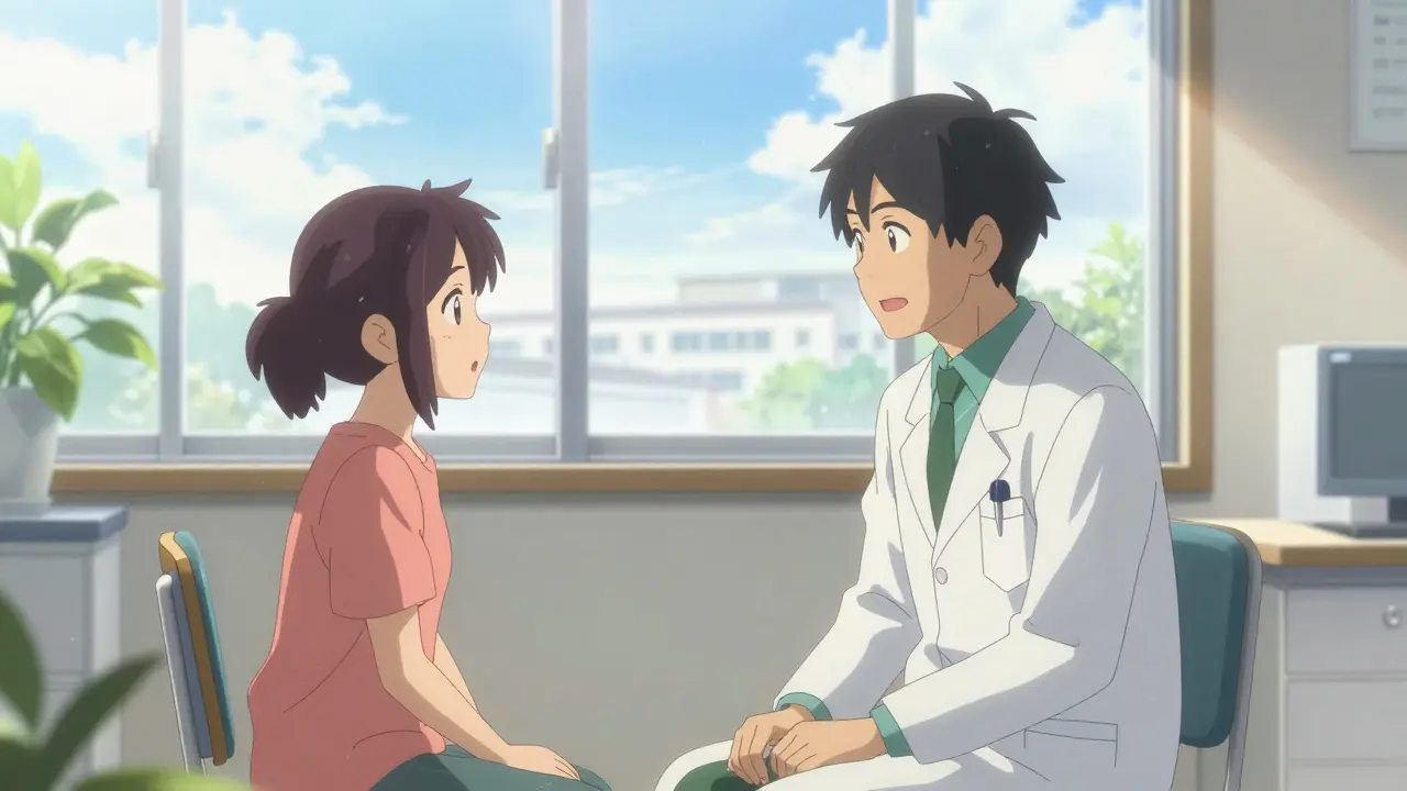 明るい診察室で医師に相談する患者の様子