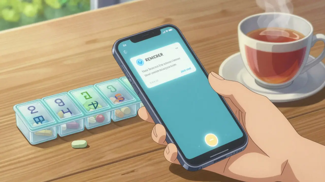 リマインダーが設定されたスマホと整理された薬のある穏やかな朝の風景