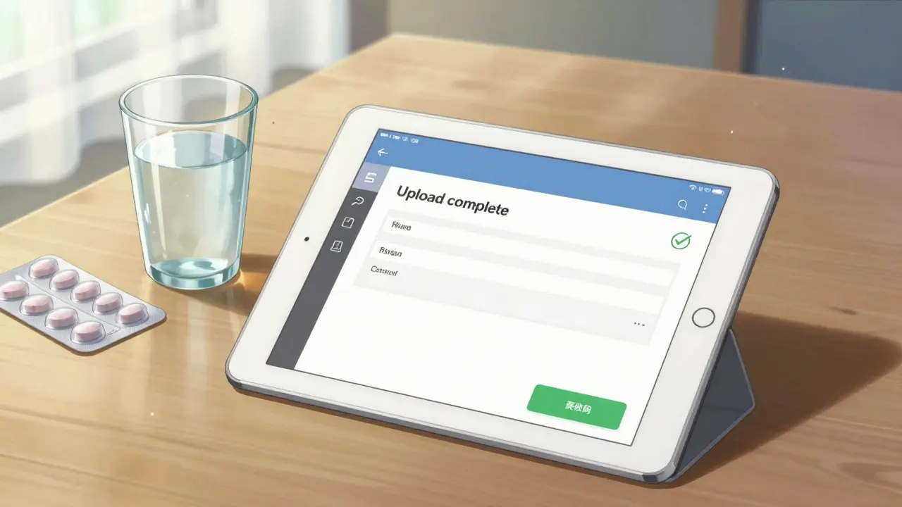 タブレットで処方箋をアップロードする清潔感のある室内。新海誠風のアニメーション。