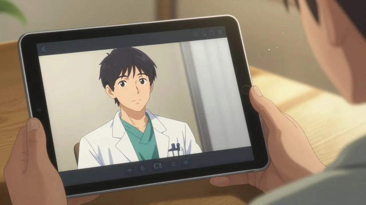 タブレットを通じて医師とオンライン診察を受ける様子