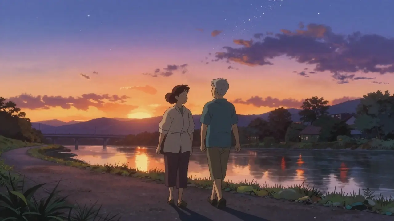 夕暮れ時の川沿いを心地よく散歩する高齢の夫婦