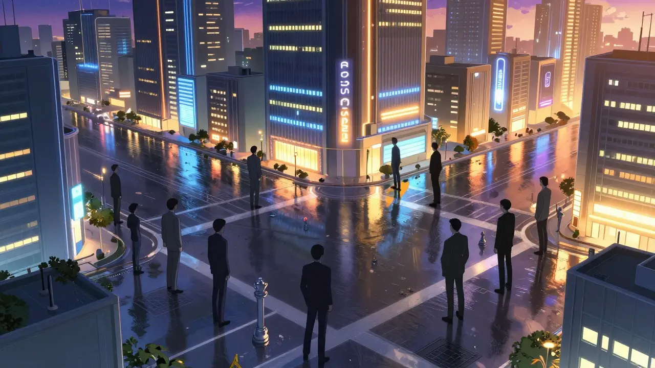 夕暮れの都市を舞台に、戦略的に対峙する企業担当者のシルエット