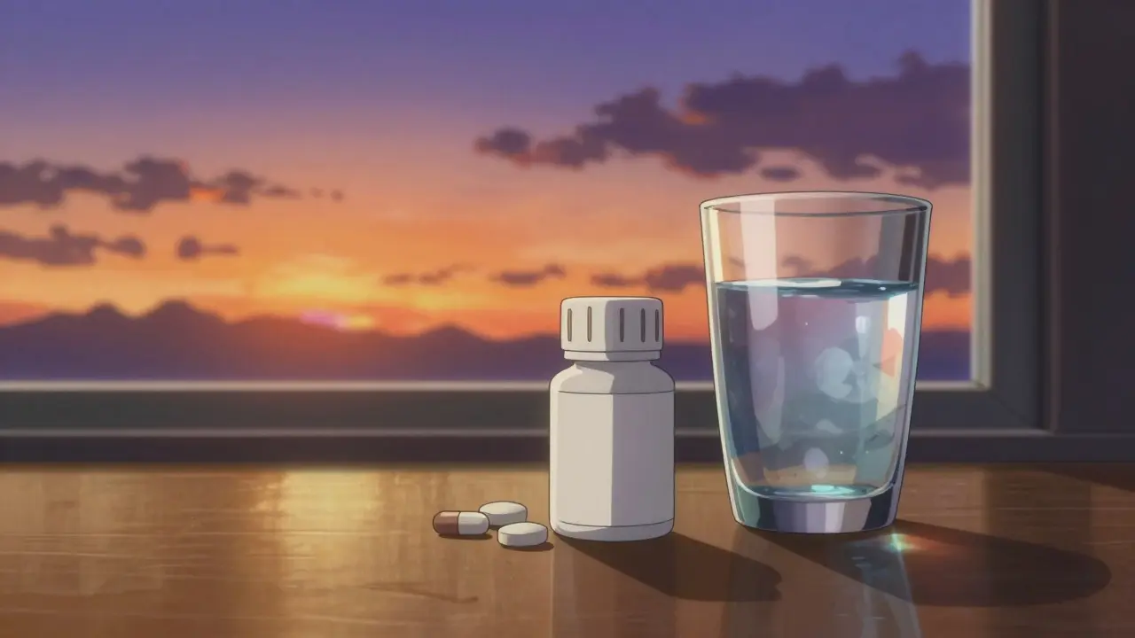 夕暮れの光が差し込むテーブルに置かれた薬のボトルとコップ