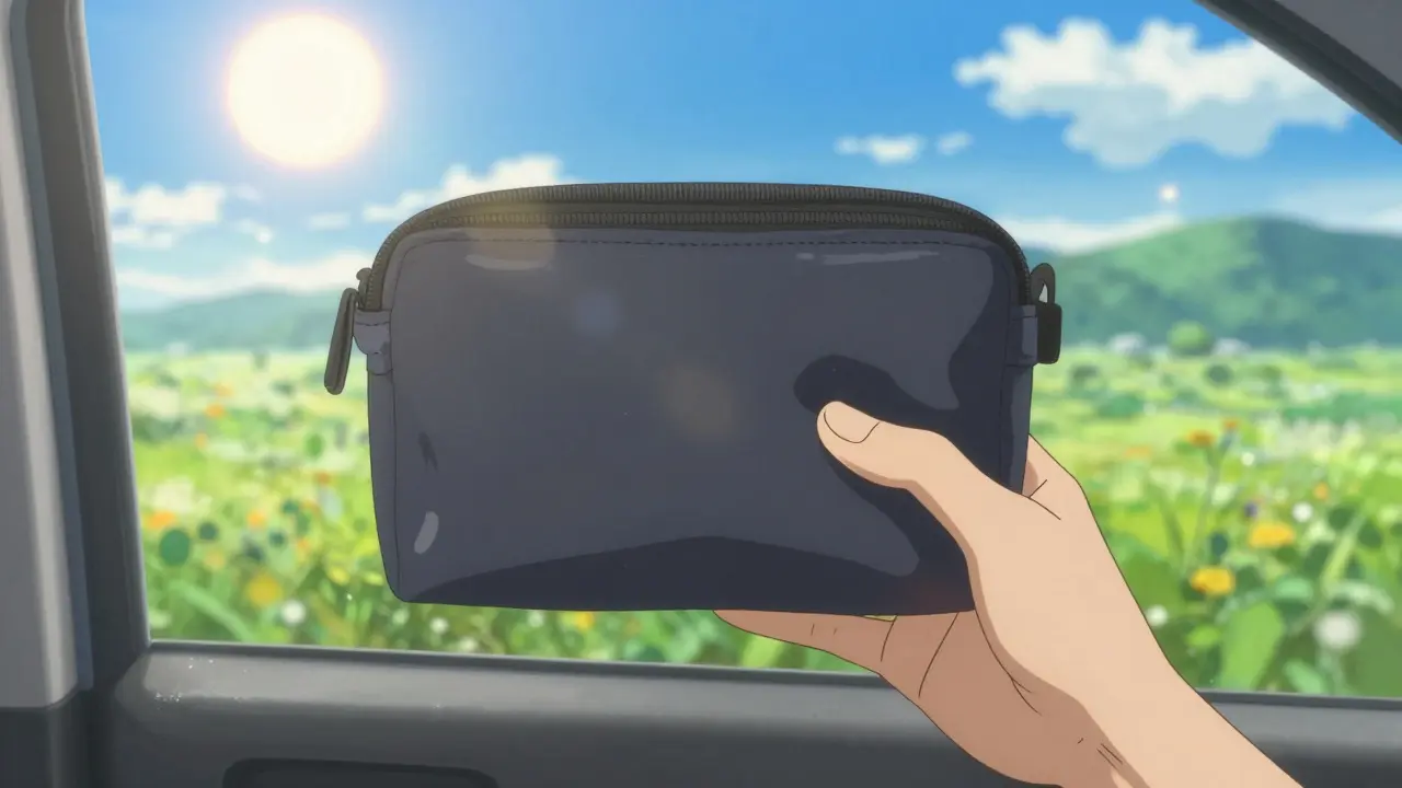 夏の強い日差しの中、遮光ポーチに入れて薬を持ち運ぶ様子