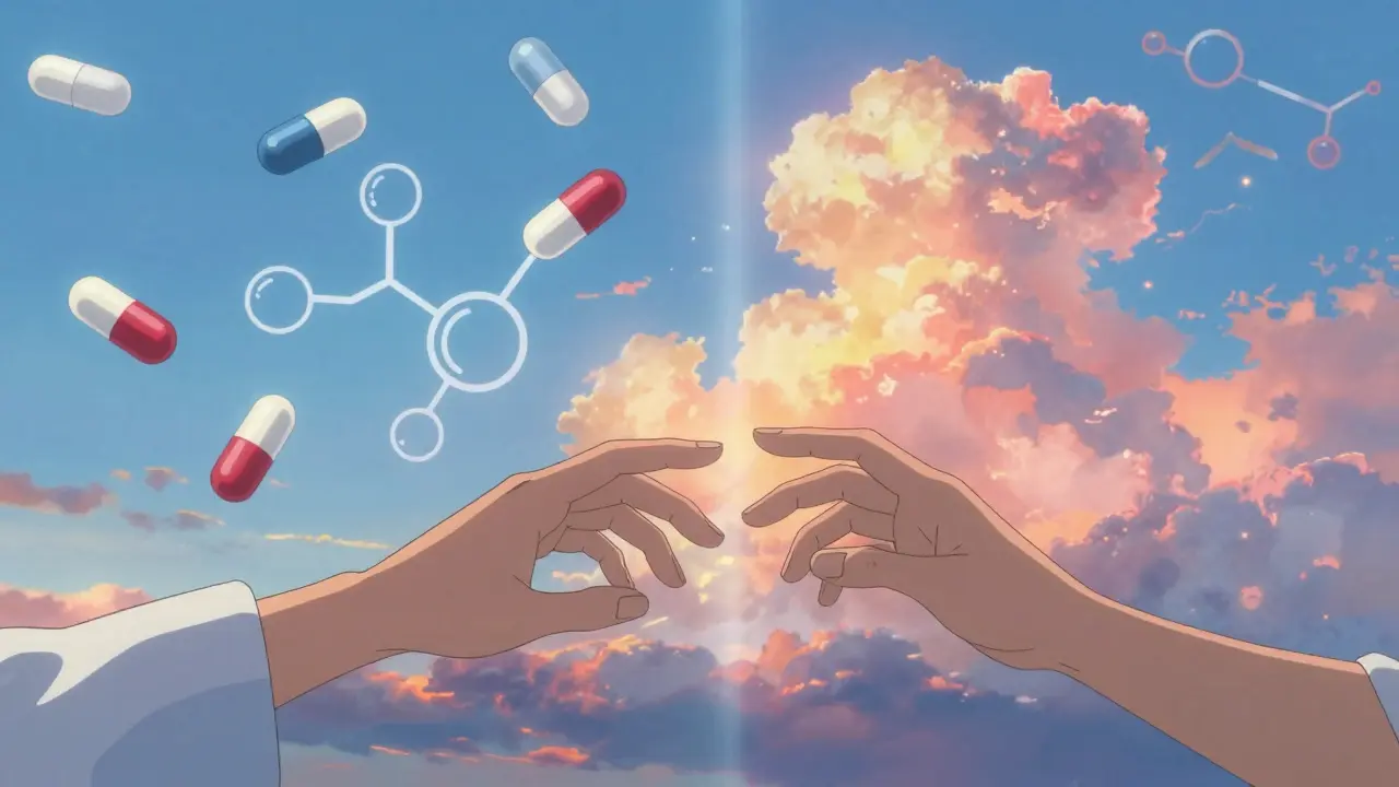 薬のイメージと温かい人間関係の対比的な表現