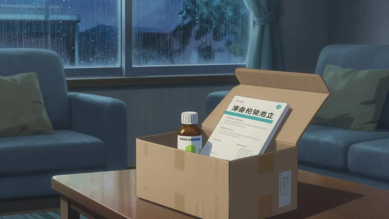 雨の日の室内に届いた安心感のある薬のパッケージ。新海誠風のアニメーション。