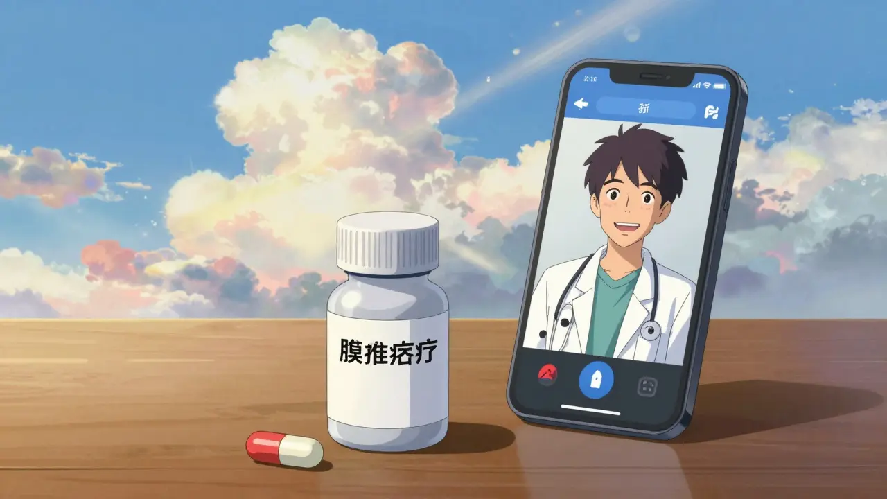 合法なオンライン診療と処方箋によるニキビ治療の安心感を象徴するイラスト