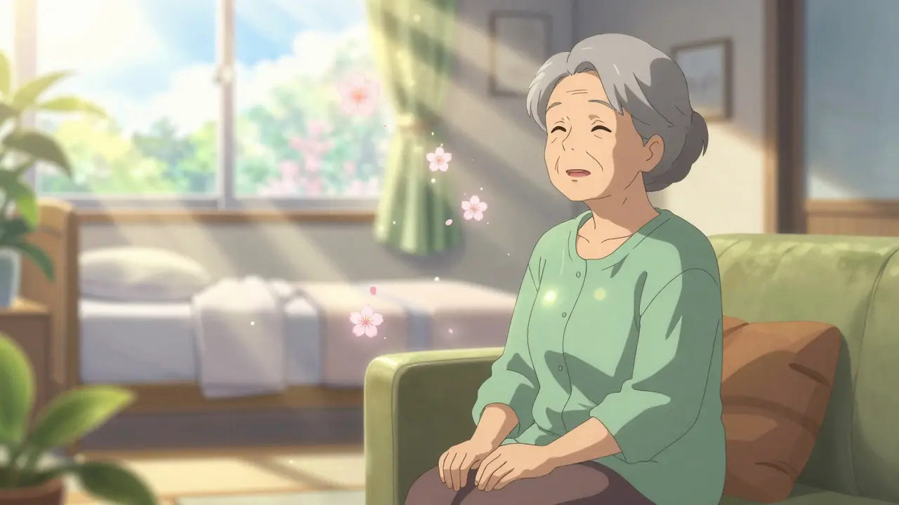 日光浴びる部屋でリラクゼーションを行う高齢女性