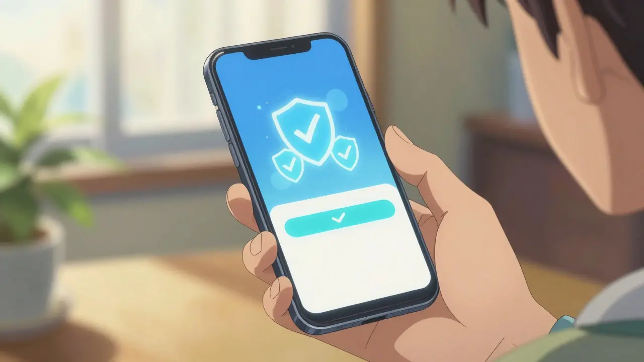 スマートフォンで安全なオンライン薬局を確認する手元の新海誠風アート