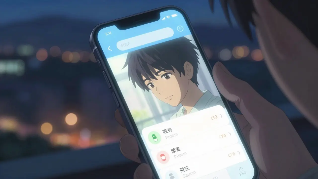 スマートフォンで薬の価格を比較し、安心感を持つ人物のクローズアップ
