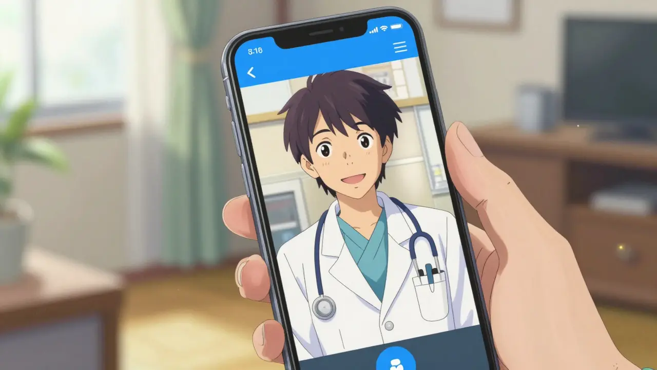 スマートフォンでのオンライン診療。医師との安心なビデオ通話による処方箋取得シーン。