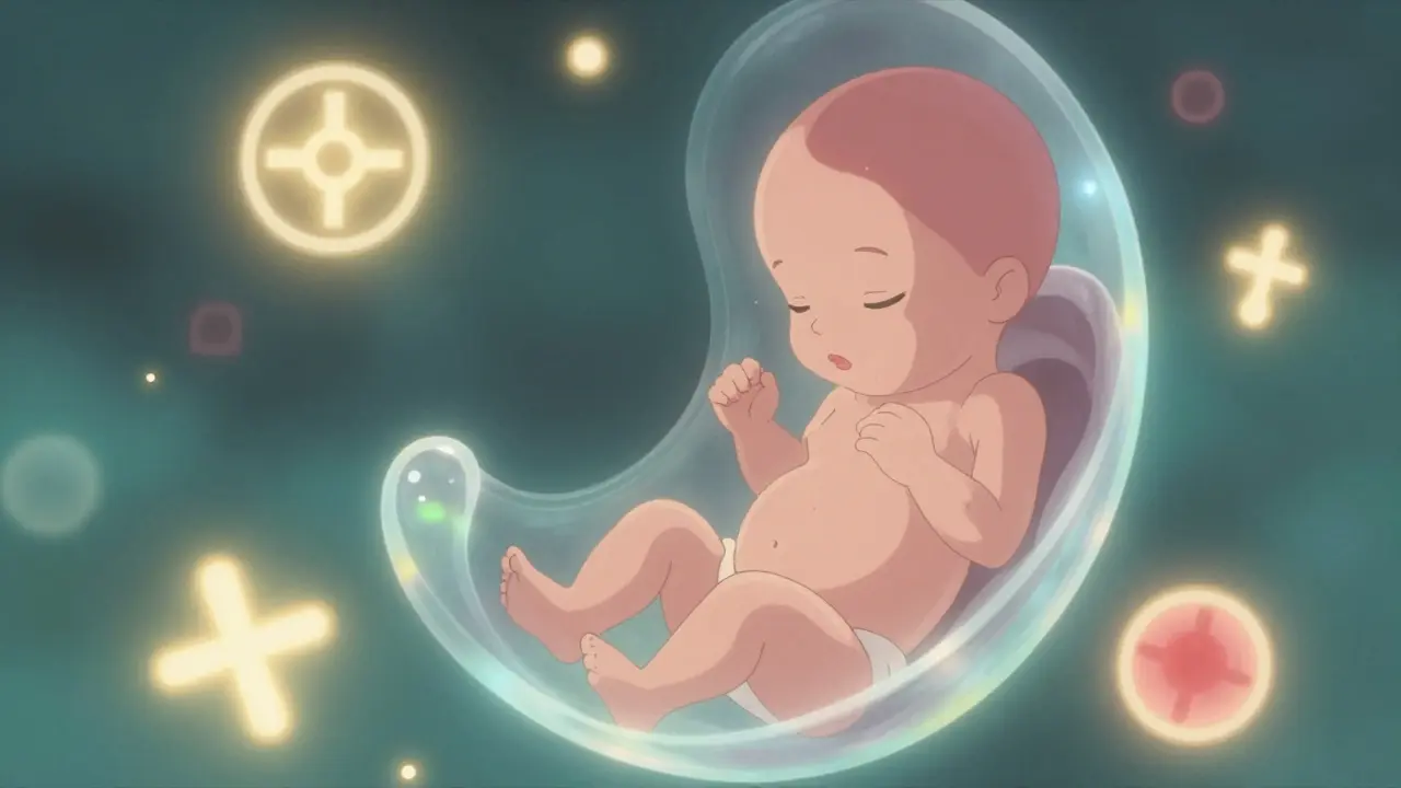 子宮内の胎児と浮遊する抽象的な医療シンボルの幻想的な描写