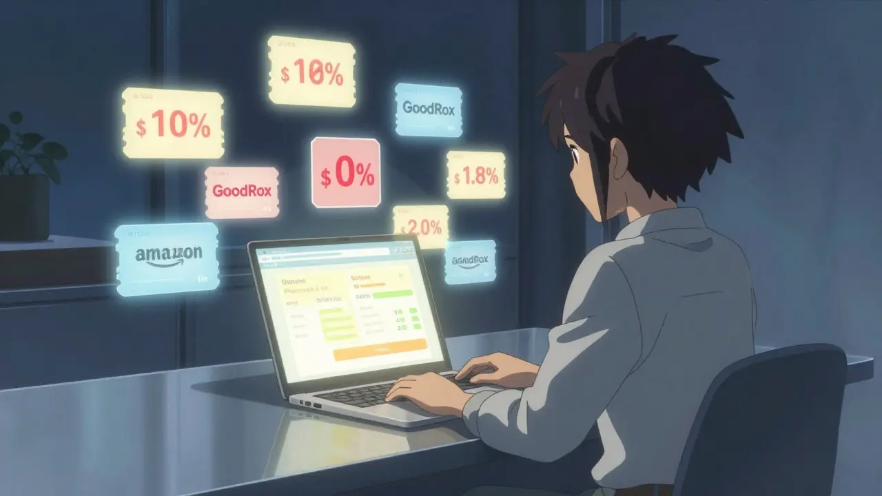 オンライン薬局の価格比較を視覚化したアニメ風シーン