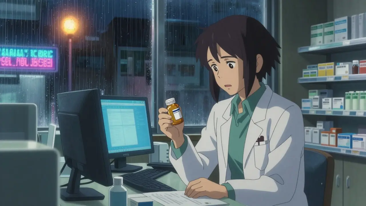 薬局でジェネリック医薬品の製造元を特定しようとする疲れた薬剤師