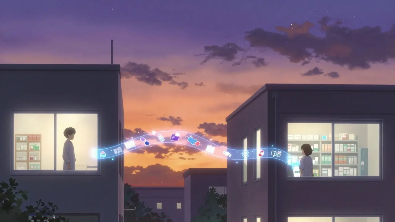 医師と薬剤師を光の帯でつなぐ、医療連携を表す幻想的な夕暮れの風景