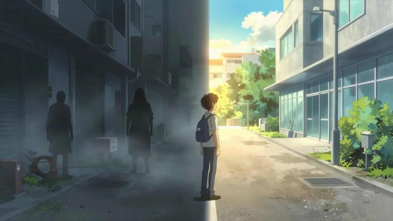暗い偽薬サイトと明るい正規薬局への道が対比された、選択の分岐点を描いたアニメ風イラスト