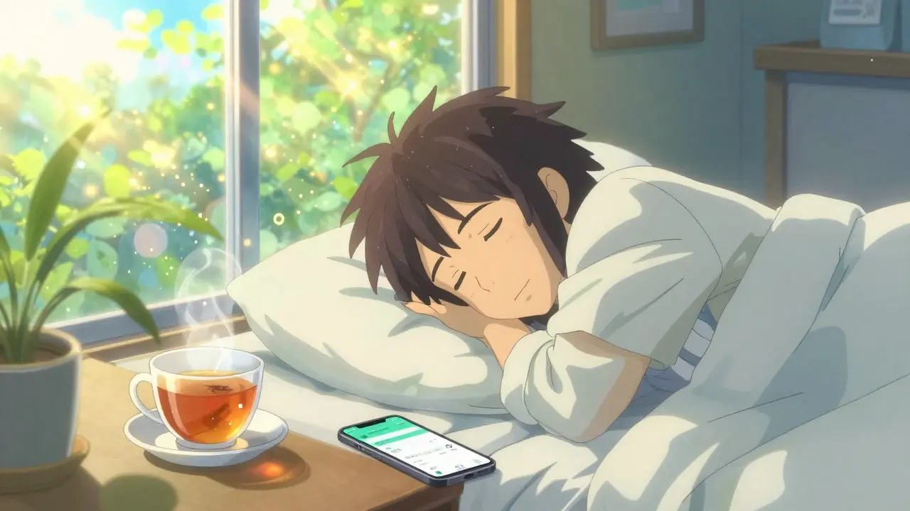 アニメ風：朝日が差し込む部屋で健康な睡眠習慣を楽しむ人