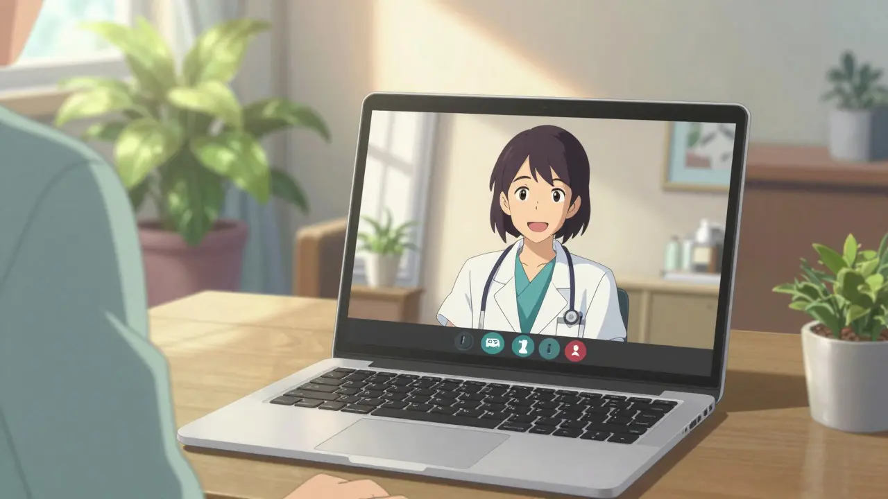 アニメ風：明るいリビングでのテレヘルスによる医師とのビデオ通話