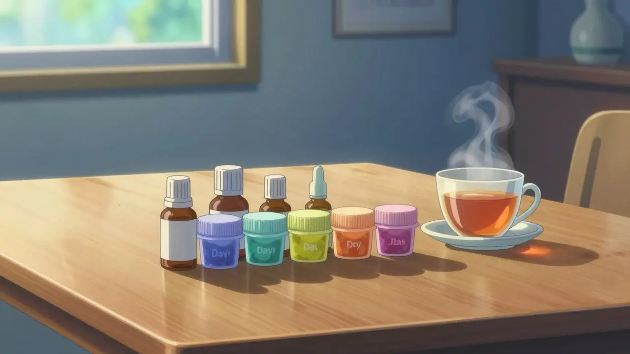 朝日の中で整然と並べられた複数の薬のボトル