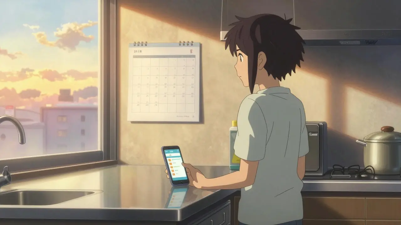 カレンダーとスマホを見ながら薬の管理を考える若者