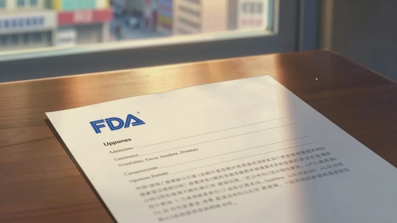 マコト・シンカイ風アート、FDA承認書が置かれた机と夕日の光、市場投入への達成感